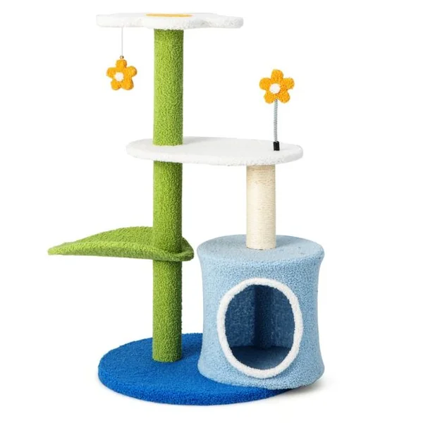Arbre à Chat en Forme de Fleur 87 CM avec Niche et Griffoirs en Sisal Naturel Tour à Chat 5 Niveaux avec Boules de Peluche