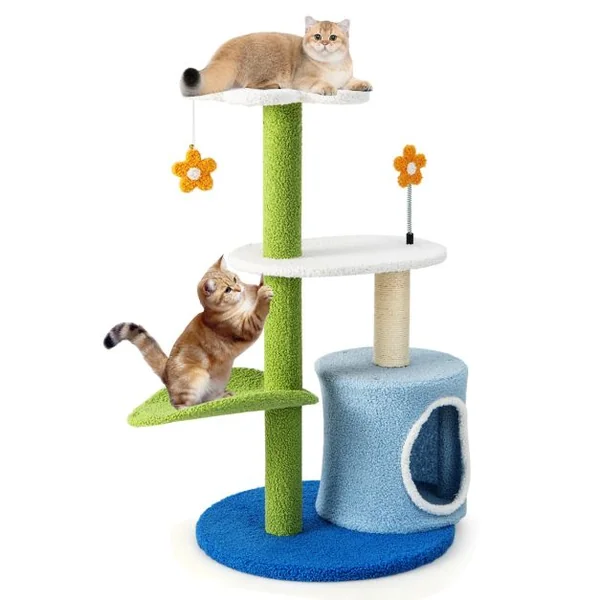 Arbre à Chat en Forme de Fleur 87 CM avec Niche et Griffoirs en Sisal Naturel Tour à Chat 5 Niveaux avec Boules de Peluche