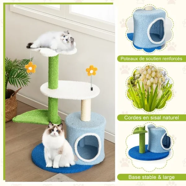 Arbre à Chat en Forme de Fleur 87 CM avec Niche et Griffoirs en Sisal Naturel Tour à Chat 5 Niveaux avec Boules de Peluche