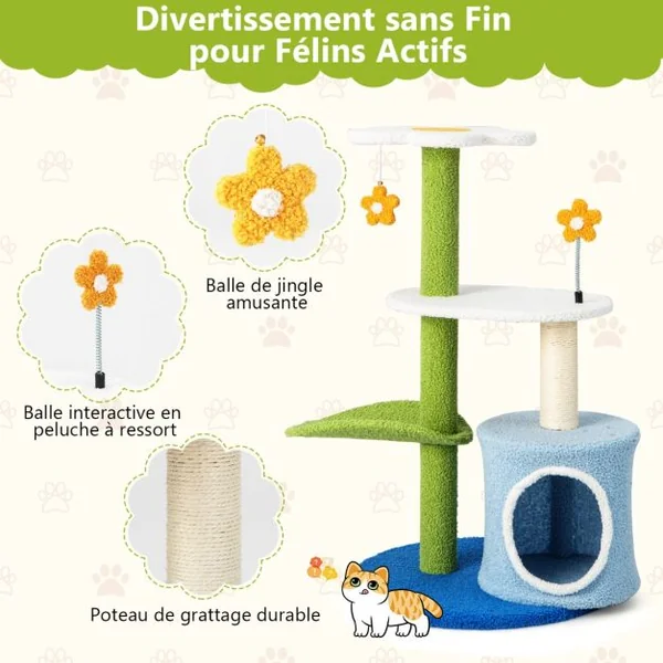 Arbre à Chat en Forme de Fleur 87 CM avec Niche et Griffoirs en Sisal Naturel Tour à Chat 5 Niveaux avec Boules de Peluche