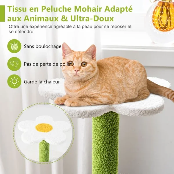 Arbre à Chat en Forme de Fleur 87 CM avec Niche et Griffoirs en Sisal Naturel Tour à Chat 5 Niveaux avec Boules de Peluche