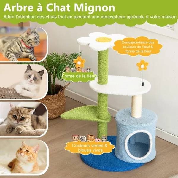 Arbre à Chat en Forme de Fleur 87 CM avec Niche et Griffoirs en Sisal Naturel Tour à Chat 5 Niveaux avec Boules de Peluche