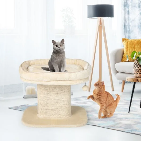 Arbre à Chat en Forme de Tour avec Lit Grand Perchoir en Peluche Tour à Gratter en Sisal pour Chaton Balle Interactive Beige/Gris