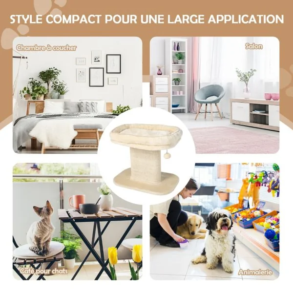Arbre à Chat en Forme de Tour avec Lit Grand Perchoir en Peluche Tour à Gratter en Sisal pour Chaton Balle Interactive Beige/Gris