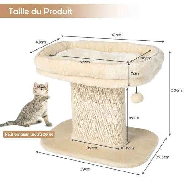 Arbre à Chat en Forme de Tour avec Lit Grand Perchoir en Peluche Tour à Gratter en Sisal pour Chaton Balle Interactive Beige/Gris
