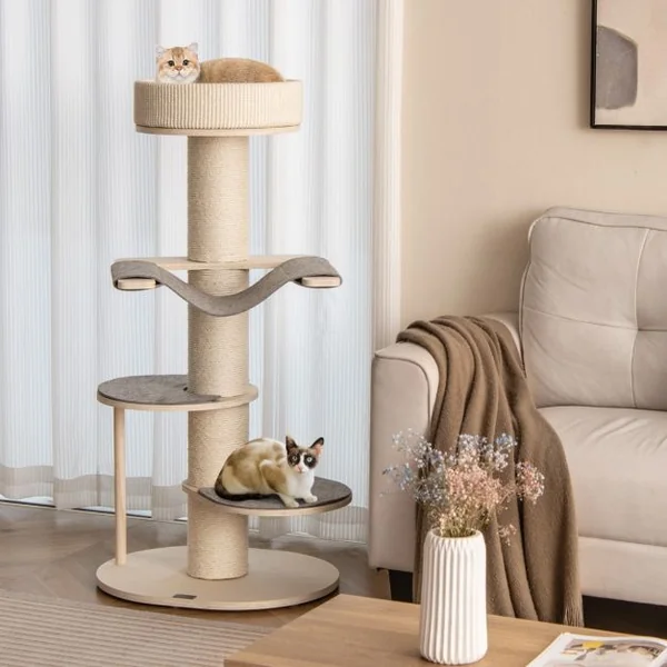 Arbre à Chat Moderne de 120cm Tour pour Chat en Bois à Plusieurs Niveaux Griffoirs en Sisal Epais Tapis en Sisal Hamac 2 Plateformes Gris