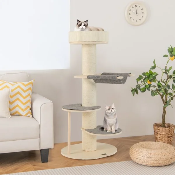 Arbre à Chat Moderne de 120cm Tour pour Chat en Bois à Plusieurs Niveaux Griffoirs en Sisal Epais Tapis en Sisal Hamac 2 Plateformes Gris