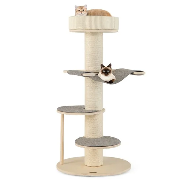 Arbre à Chat Moderne de 120cm Tour pour Chat en Bois à Plusieurs Niveaux Griffoirs en Sisal Epais Tapis en Sisal Hamac 2 Plateformes Gris