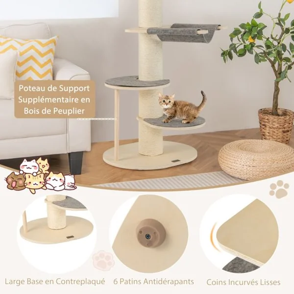 Arbre à Chat Moderne de 120cm Tour pour Chat en Bois à Plusieurs Niveaux Griffoirs en Sisal Epais Tapis en Sisal Hamac 2 Plateformes Gris
