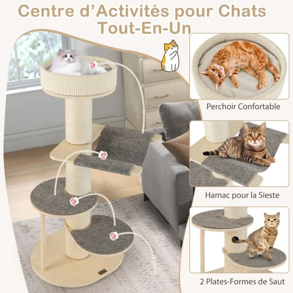 Arbre à Chat Moderne de 120cm Tour pour Chat en Bois à Plusieurs Niveaux Griffoirs en Sisal Epais Tapis en Sisal Hamac 2 Plateformes Gris