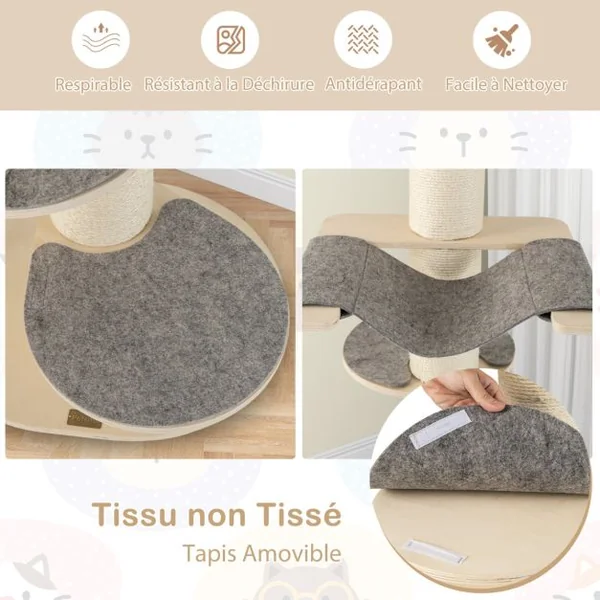 Arbre à Chat Moderne de 120cm Tour pour Chat en Bois à Plusieurs Niveaux Griffoirs en Sisal Epais Tapis en Sisal Hamac 2 Plateformes Gris