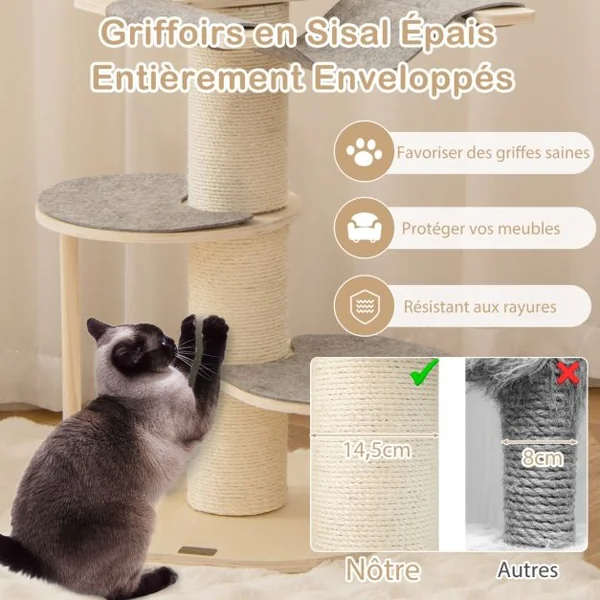Arbre à Chat Moderne de 120cm Tour pour Chat en Bois à Plusieurs Niveaux Griffoirs en Sisal Epais Tapis en Sisal Hamac 2 Plateformes Gris