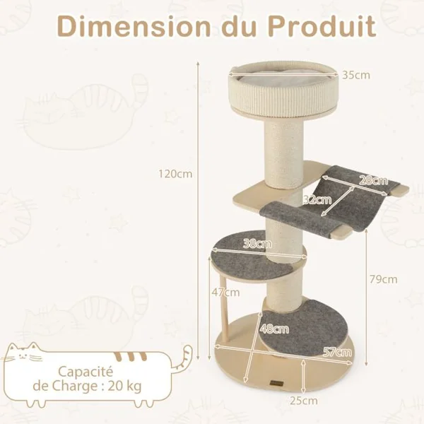 Arbre à Chat Moderne de 120cm Tour pour Chat en Bois à Plusieurs Niveaux Griffoirs en Sisal Epais Tapis en Sisal Hamac 2 Plateformes Gris