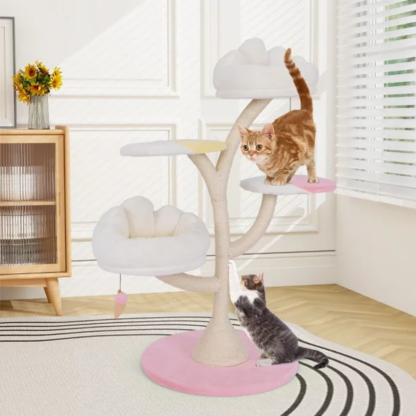 Arbre à Chat Multicouche Tour à Chat Mignonne avec 2 Perchoirs 2 Plateformes Balles Suspendues Griffoir en Sisal Centre d'Activités Rose