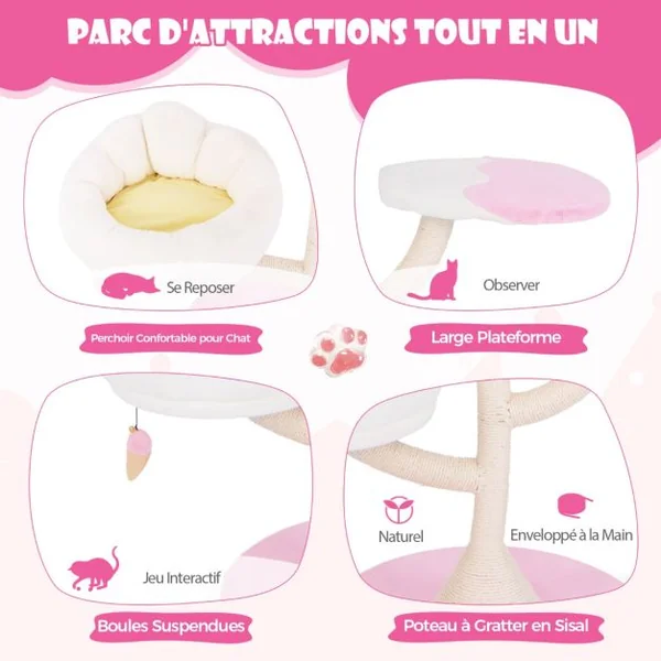Arbre à Chat Multicouche Tour à Chat Mignonne avec 2 Perchoirs 2 Plateformes Balles Suspendues Griffoir en Sisal Centre d'Activités Rose