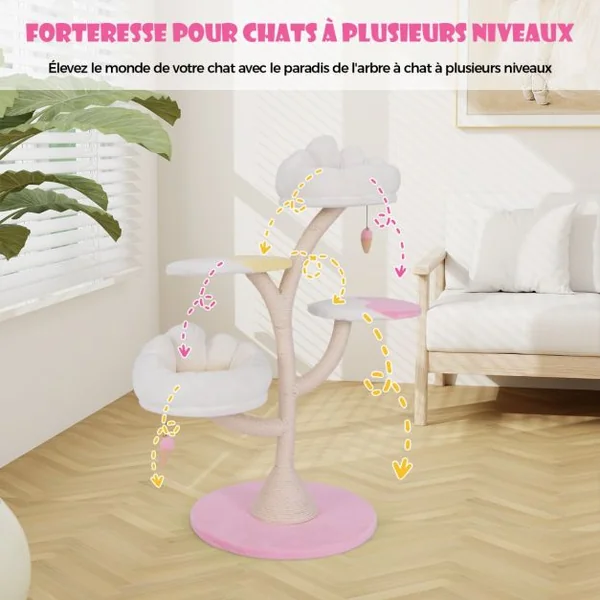 Arbre à Chat Multicouche Tour à Chat Mignonne avec 2 Perchoirs 2 Plateformes Balles Suspendues Griffoir en Sisal Centre d'Activités Rose