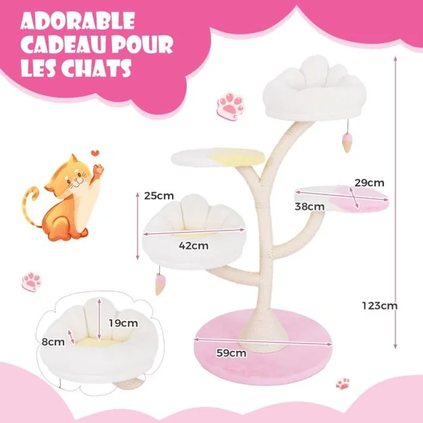 Arbre à Chat Multicouche Tour à Chat Mignonne avec 2 Perchoirs 2 Plateformes Balles Suspendues Griffoir en Sisal Centre d'Activités Rose
