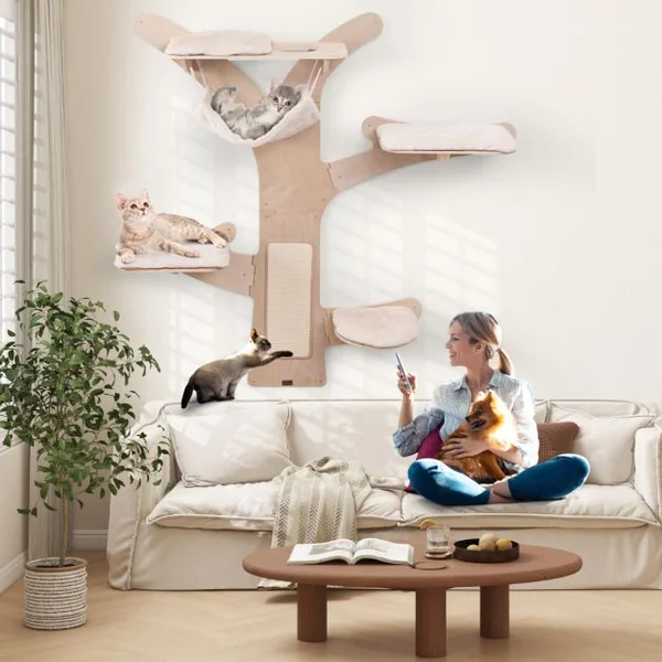 Arbre à Chat Mural Etagères Murales pour Chat avec Hamac 4 Plateformes et Tapis à Gratter en Sisal Coussins Rembourrés Lavables Naturel