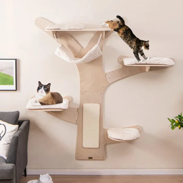 Arbre à Chat Mural Etagères Murales pour Chat avec Hamac 4 Plateformes et Tapis à Gratter en Sisal Coussins Rembourrés Lavables Naturel