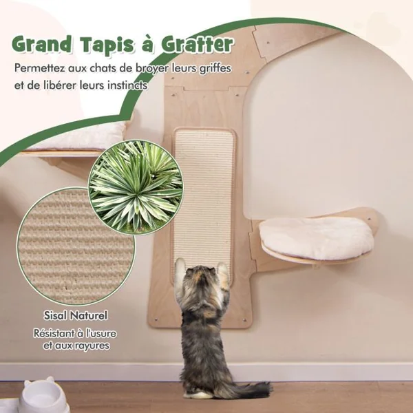 Arbre à Chat Mural Etagères Murales pour Chat avec Hamac 4 Plateformes et Tapis à Gratter en Sisal Coussins Rembourrés Lavables Naturel