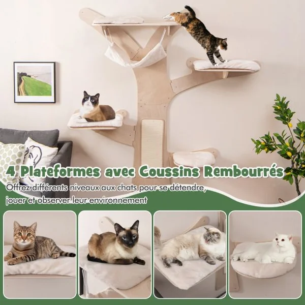 Arbre à Chat Mural Etagères Murales pour Chat avec Hamac 4 Plateformes et Tapis à Gratter en Sisal Coussins Rembourrés Lavables Naturel