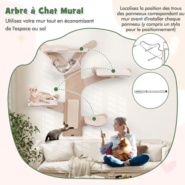 Arbre à Chat Mural Etagères Murales pour Chat avec Hamac 4 Plateformes et Tapis à Gratter en Sisal Coussins Rembourrés Lavables Naturel