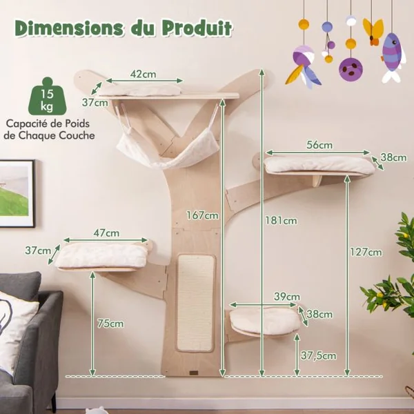 Arbre à Chat Mural Etagères Murales pour Chat avec Hamac 4 Plateformes et Tapis à Gratter en Sisal Coussins Rembourrés Lavables Naturel