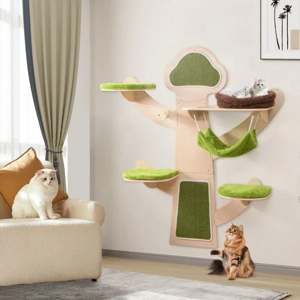 Arbre à Chat Mural Etagères Murales pour Chat avec Lit Hamac Griffoirs et Tapis en Sisal Coussins Rembourrés Lavables Vert