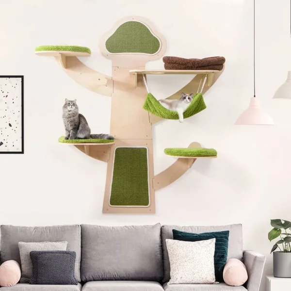 Arbre à Chat Mural Etagères Murales pour Chat avec Lit Hamac Griffoirs et Tapis en Sisal Coussins Rembourrés Lavables Vert