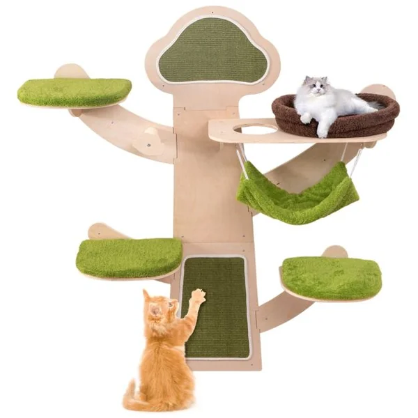 Arbre à Chat Mural Etagères Murales pour Chat avec Lit Hamac Griffoirs et Tapis en Sisal Coussins Rembourrés Lavables Vert