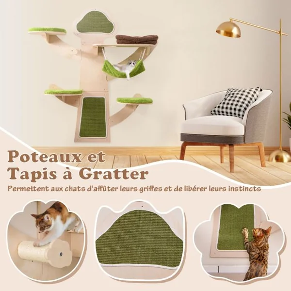 Arbre à Chat Mural Etagères Murales pour Chat avec Lit Hamac Griffoirs et Tapis en Sisal Coussins Rembourrés Lavables Vert