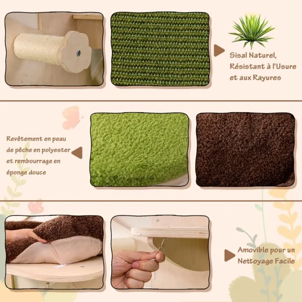Arbre à Chat Mural Etagères Murales pour Chat avec Lit Hamac Griffoirs et Tapis en Sisal Coussins Rembourrés Lavables Vert