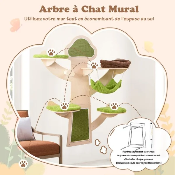 Arbre à Chat Mural Etagères Murales pour Chat avec Lit Hamac Griffoirs et Tapis en Sisal Coussins Rembourrés Lavables Vert