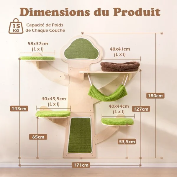 Arbre à Chat Mural Etagères Murales pour Chat avec Lit Hamac Griffoirs et Tapis en Sisal Coussins Rembourrés Lavables Vert