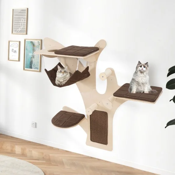 Arbre à Chat Mural Etagères Murales pour Chat avec Perchoir Hamac Griffoirs et Tapis en Sisal Coussins Rembourrés Lavables Chats Marron