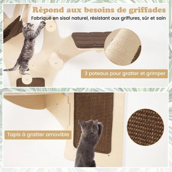 Arbre à Chat Mural Etagères Murales pour Chat avec Perchoir Hamac Griffoirs et Tapis en Sisal Coussins Rembourrés Lavables Chats Marron