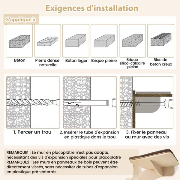 Arbre à Chat Mural Etagères Murales pour Chat avec Perchoir Hamac Griffoirs et Tapis en Sisal Coussins Rembourrés Lavables Chats Marron