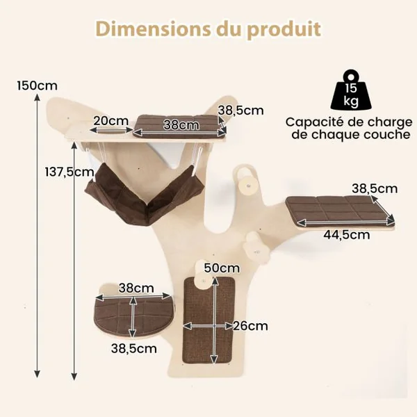 Arbre à Chat Mural Etagères Murales pour Chat avec Perchoir Hamac Griffoirs et Tapis en Sisal Coussins Rembourrés Lavables Chats Marron