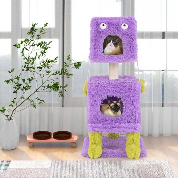 Arbre à Chat Originale sur le Thème des Monstres avec 2 Condos Privés Peluche Douce Griffoir en Sisal Jouets Suspendus Violet