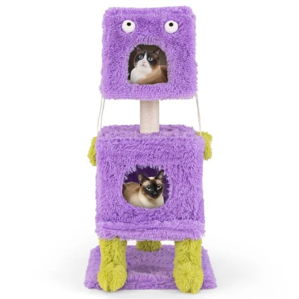Arbre à Chat Originale sur le Thème des Monstres avec 2 Condos Privés Peluche Douce Griffoir en Sisal Jouets Suspendus Violet