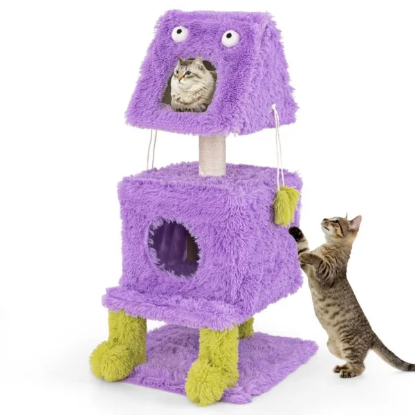 Arbre à Chat Originale sur le Thème des Monstres avec 2 Condos Privés Peluche Douce Griffoir en Sisal Jouets Suspendus Violet