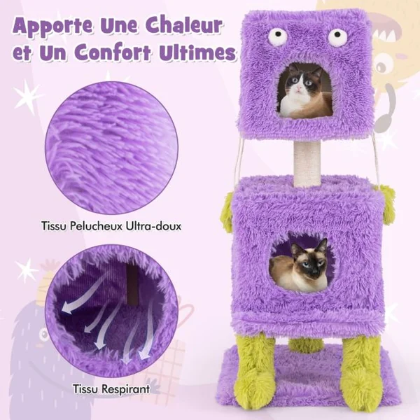 Arbre à Chat Originale sur le Thème des Monstres avec 2 Condos Privés Peluche Douce Griffoir en Sisal Jouets Suspendus Violet