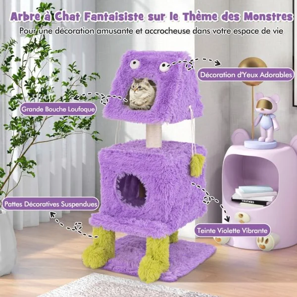 Arbre à Chat Originale sur le Thème des Monstres avec 2 Condos Privés Peluche Douce Griffoir en Sisal Jouets Suspendus Violet
