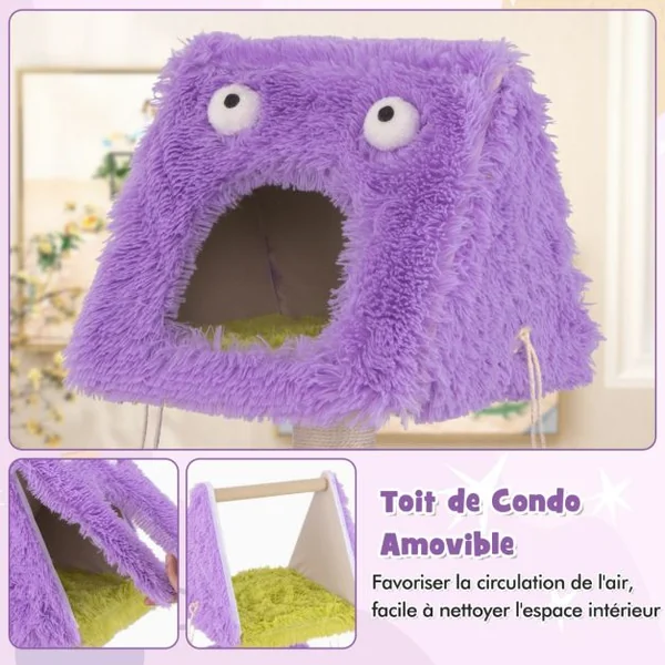 Arbre à Chat Originale sur le Thème des Monstres avec 2 Condos Privés Peluche Douce Griffoir en Sisal Jouets Suspendus Violet