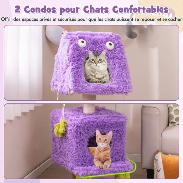 Arbre à Chat Originale sur le Thème des Monstres avec 2 Condos Privés Peluche Douce Griffoir en Sisal Jouets Suspendus Violet