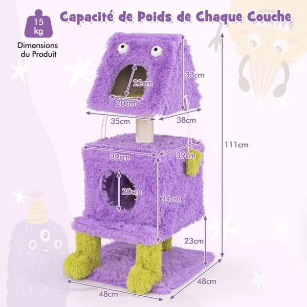 Arbre à Chat Originale sur le Thème des Monstres avec 2 Condos Privés Peluche Douce Griffoir en Sisal Jouets Suspendus Violet