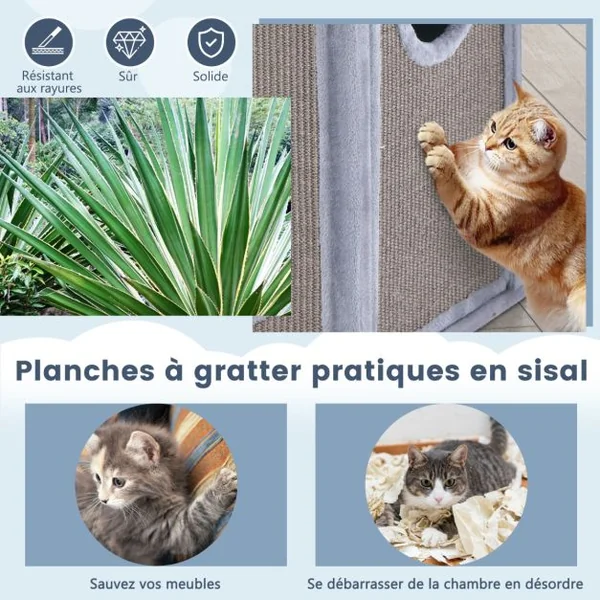 Arbre à Chat Rectangulaire avec Panneau en Sisal Amovible, Tour à Griffer pour Chat avec Coussin Amovible et Tunnel Interne