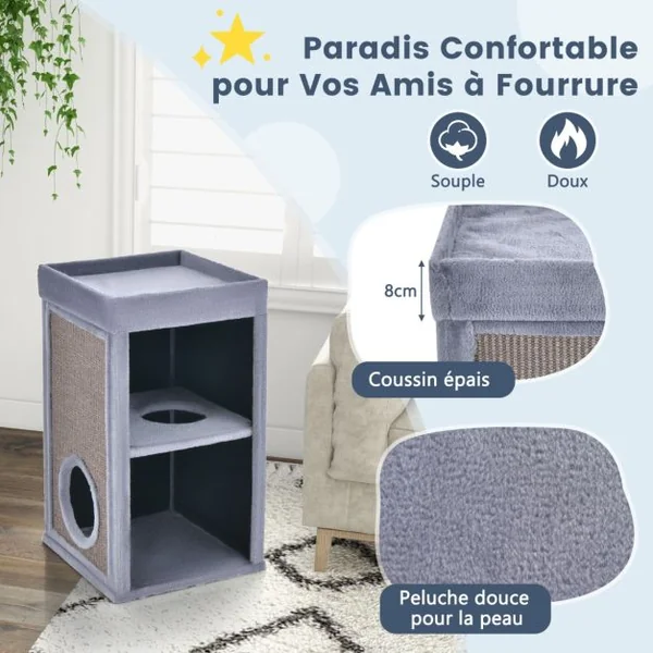Arbre à Chat Rectangulaire avec Panneau en Sisal Amovible, Tour à Griffer pour Chat avec Coussin Amovible et Tunnel Interne