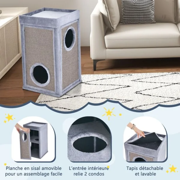 Arbre à Chat Rectangulaire avec Panneau en Sisal Amovible, Tour à Griffer pour Chat avec Coussin Amovible et Tunnel Interne