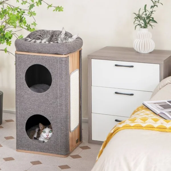 Arbre à Chat Rectangulaire à 3 Niveaux avec Couverture Amovible du Condo Tour à Griffer pour Chat avec Coussin en Peluche Naturel+Gris